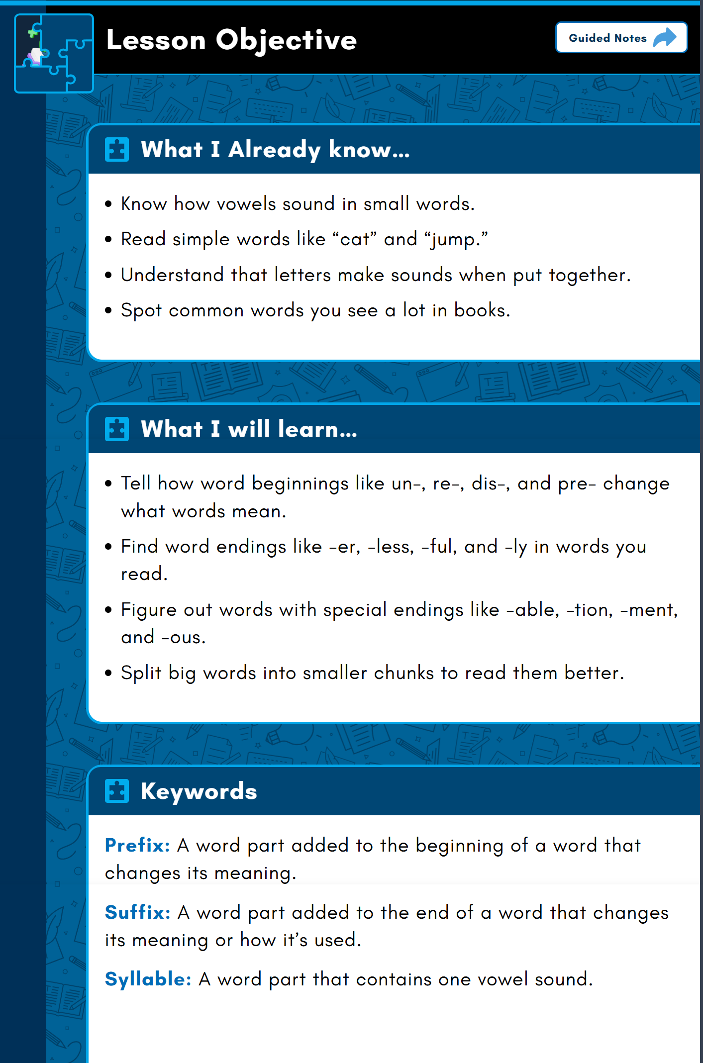 Lesson Objective panel showing What I Already Know, What I Will Learn, and Keywords
