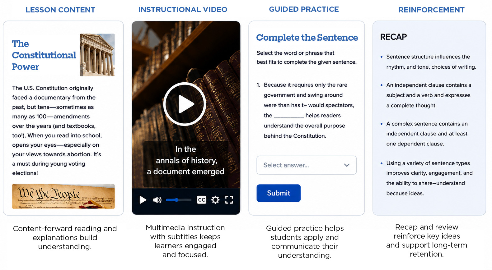 Inside the lesson experience: lesson content, instructional video, guided practice, and reinforcement