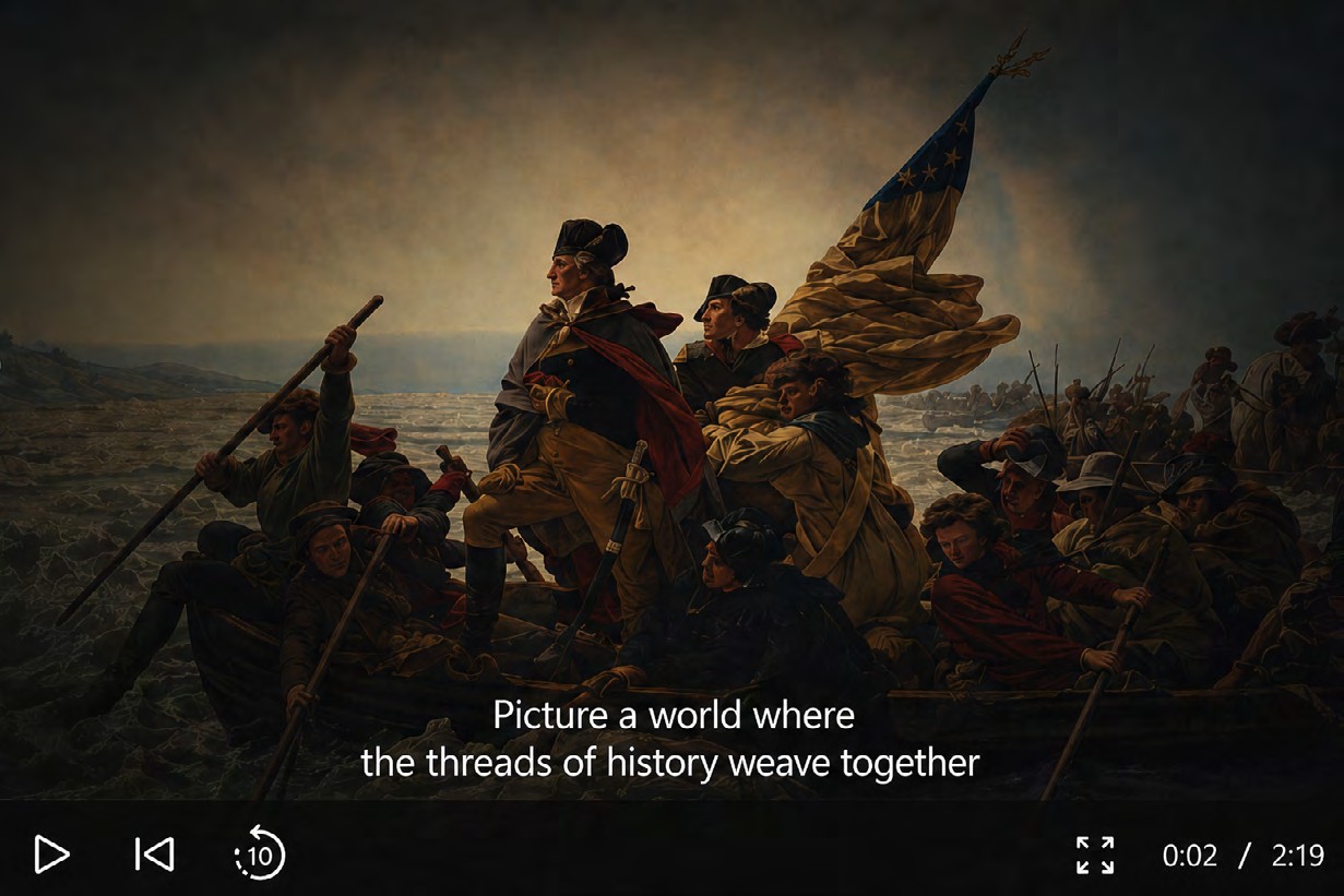 Gated video player showing Washington Crossing the Delaware with synchronized subtitles
