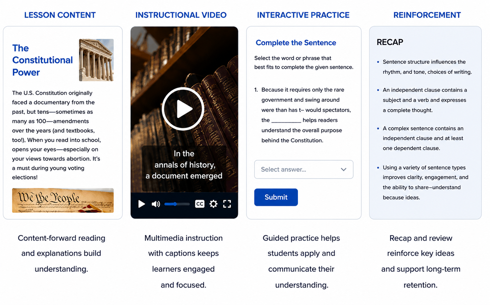Inside the lesson experience: lesson content, instructional video, guided practice, and reinforcement