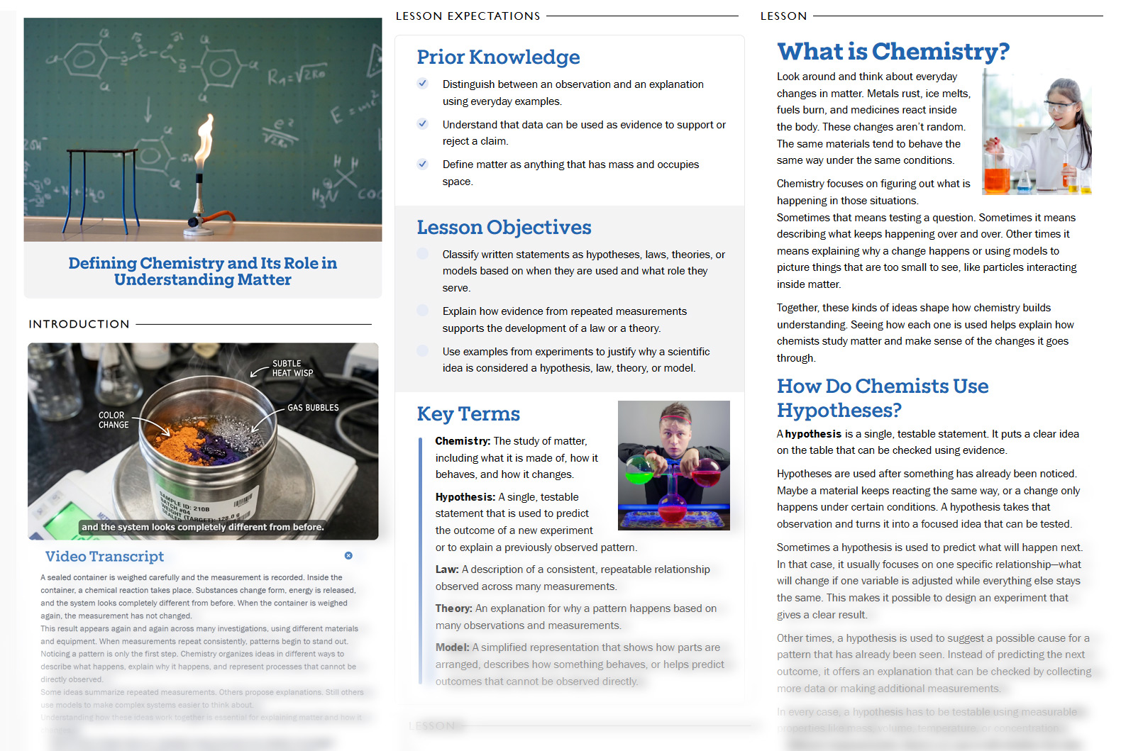 Anatomy of a SchoolsPLP lesson: layout of objectives, instruction, practice, and assessment within a single chemistry lesson
