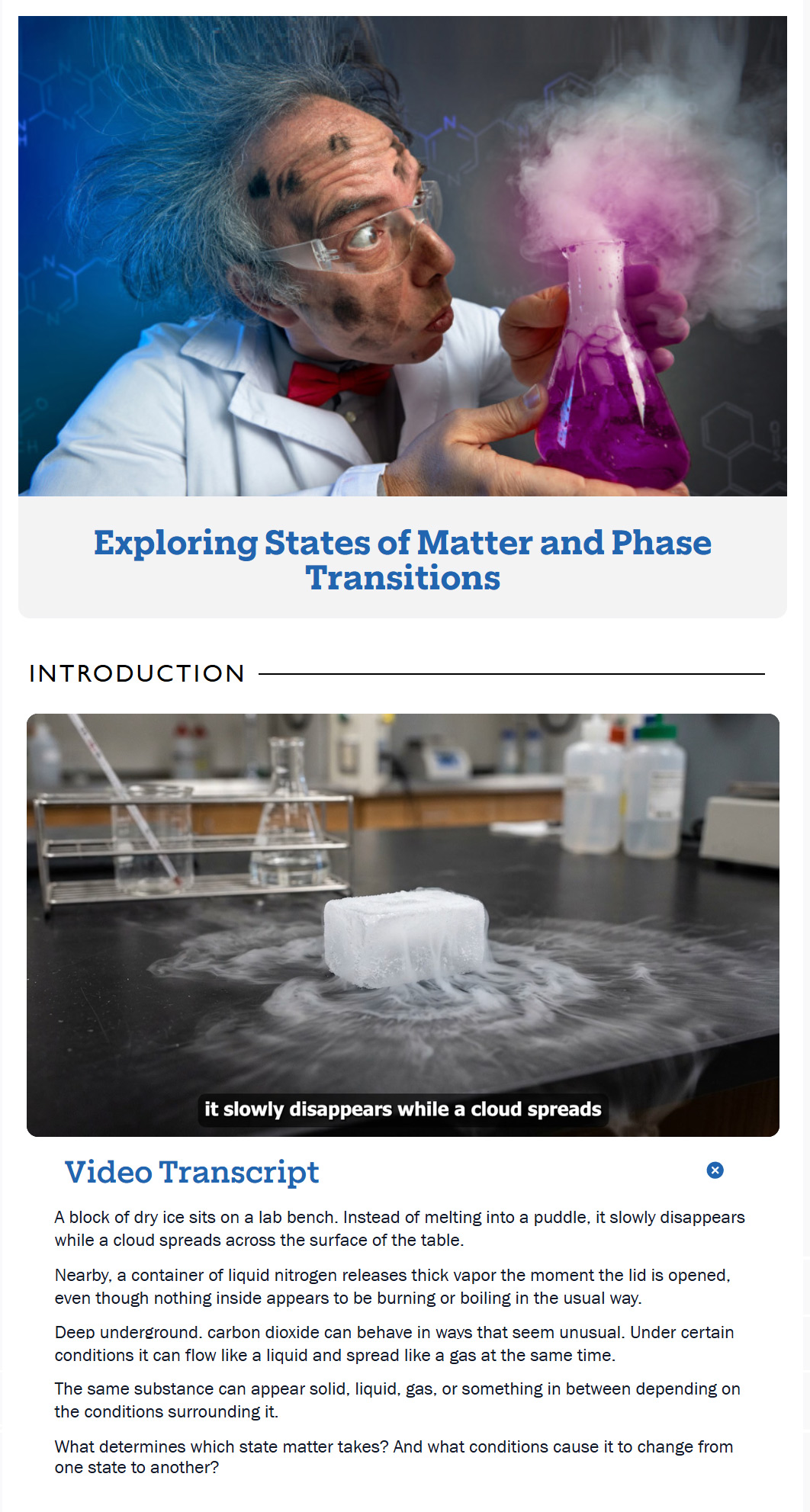 Engage stage example: Exploring States of Matter and Phase Transitions lesson with intro video and formatted transcript
