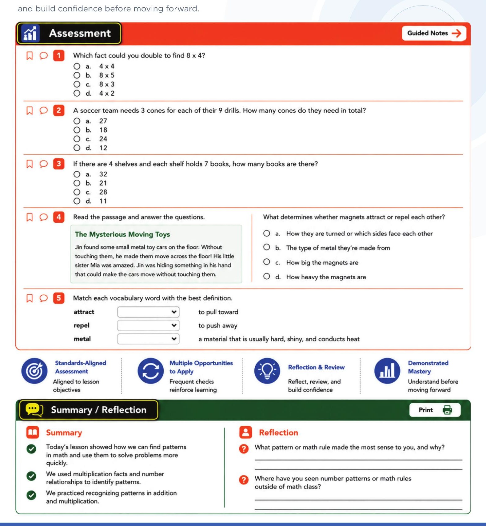 Assessment & student mastery: standards-aligned questions with summary and reflection